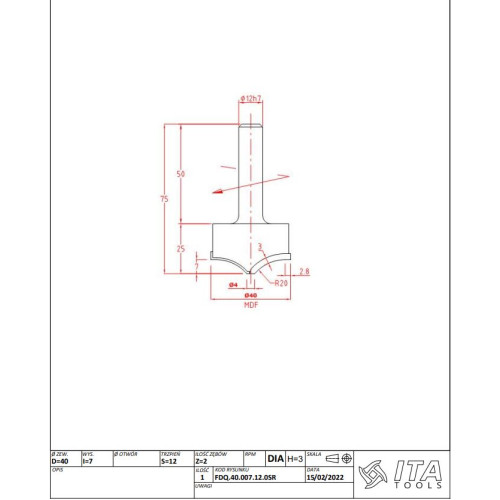 FDQ.Фреза D=40/4 I=7 S=12x50 L=75 Z=2 H=3,0 RH