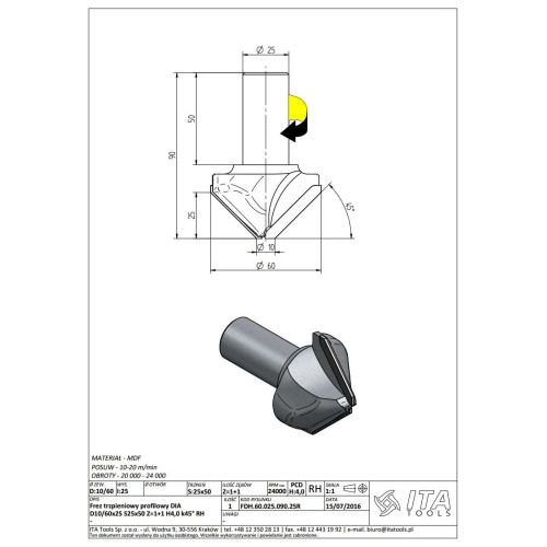 FDH.Фреза D=60 I=25 S=25x50 Z=2 H6,0 k45° RH засвердлюючі